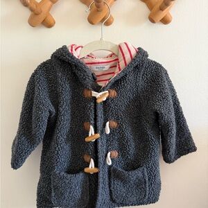 Baby Boden Cream and Red Striped Lined Hooded Sherpa Jacket